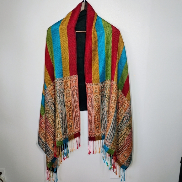 Pashmina Style Boho Paisley Rainbow Stripe Fringe Scarf Shawl Cover Up One Size - Picture 1 of 12